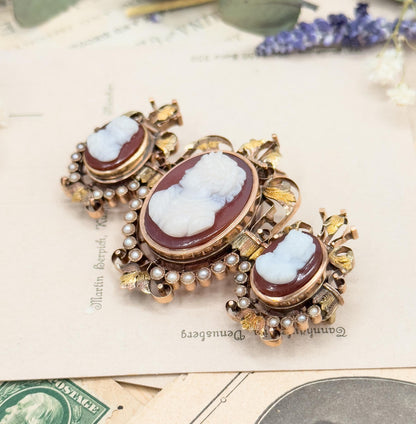 Victorian Cameo Brooch: 12K Rose Gold, Sardonyx, Seed Pearls, Elizabethan Style