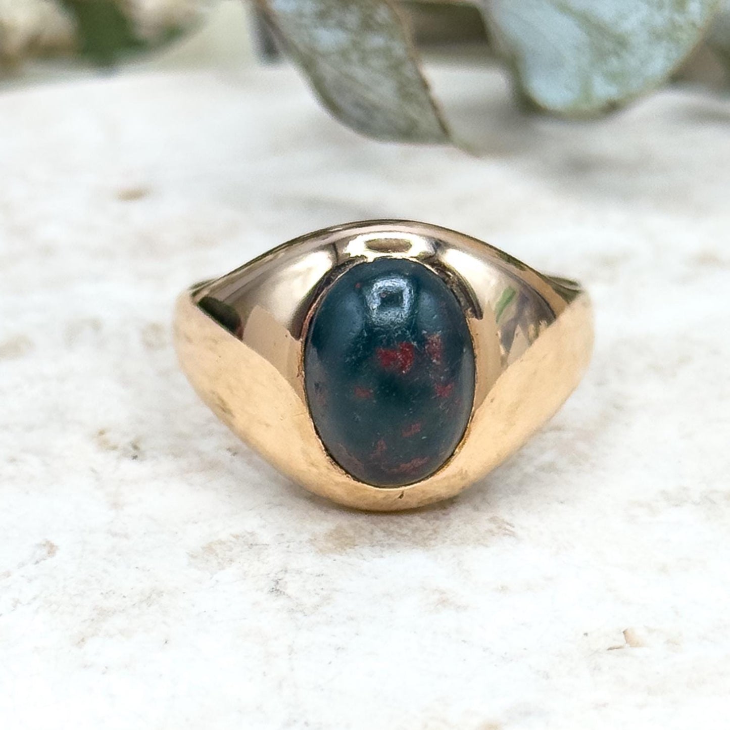 vintage bloodstone cabochon signet ring in yellow gold