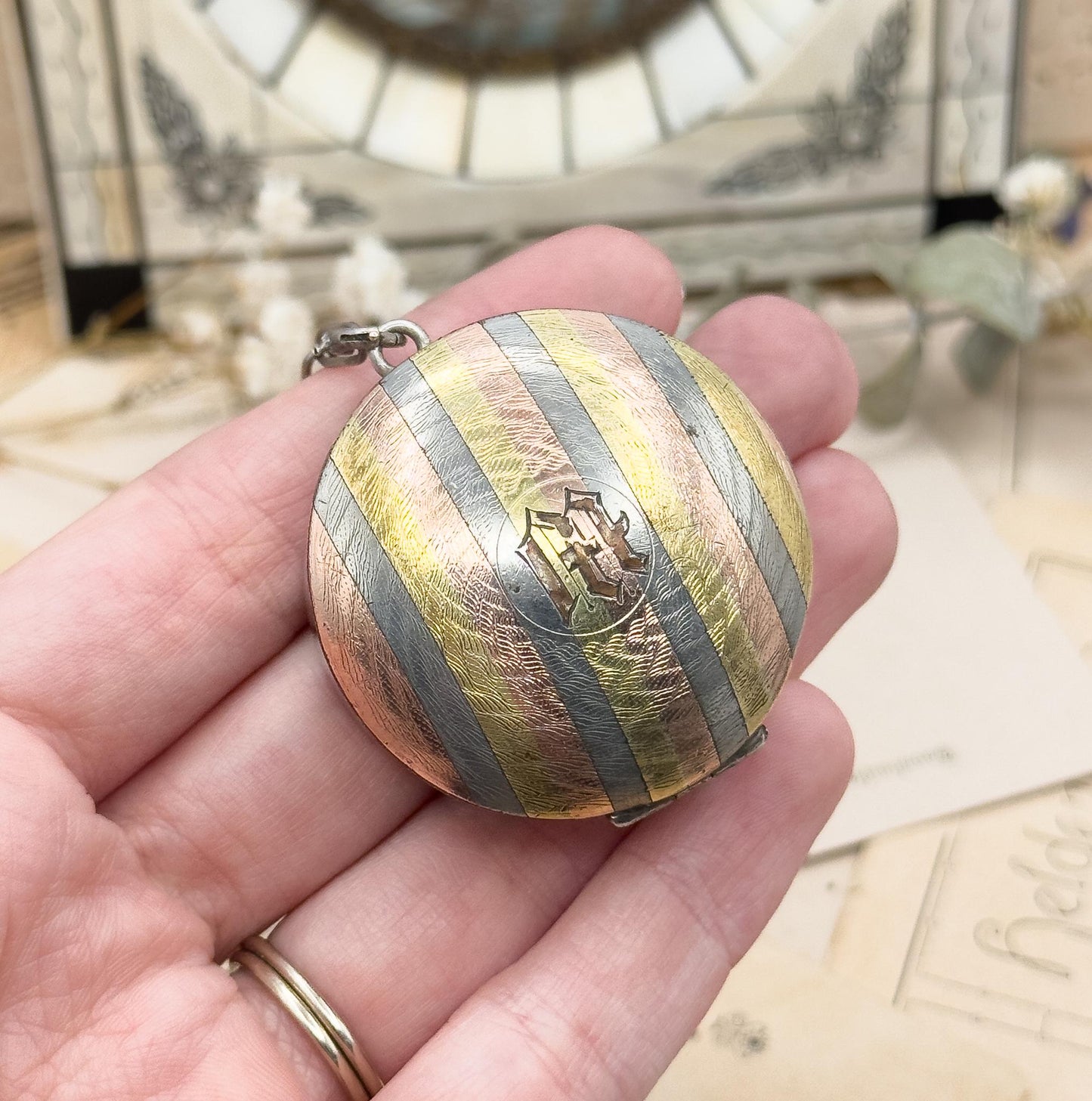 Antique Monogram M Chatelaine Compact Trinket Box in Sterling Silver Tri-tone gold