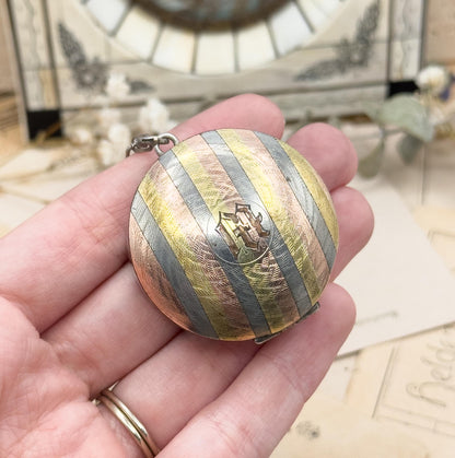 Antique Monogram M Chatelaine Compact Trinket Box in Sterling Silver Tri-tone gold