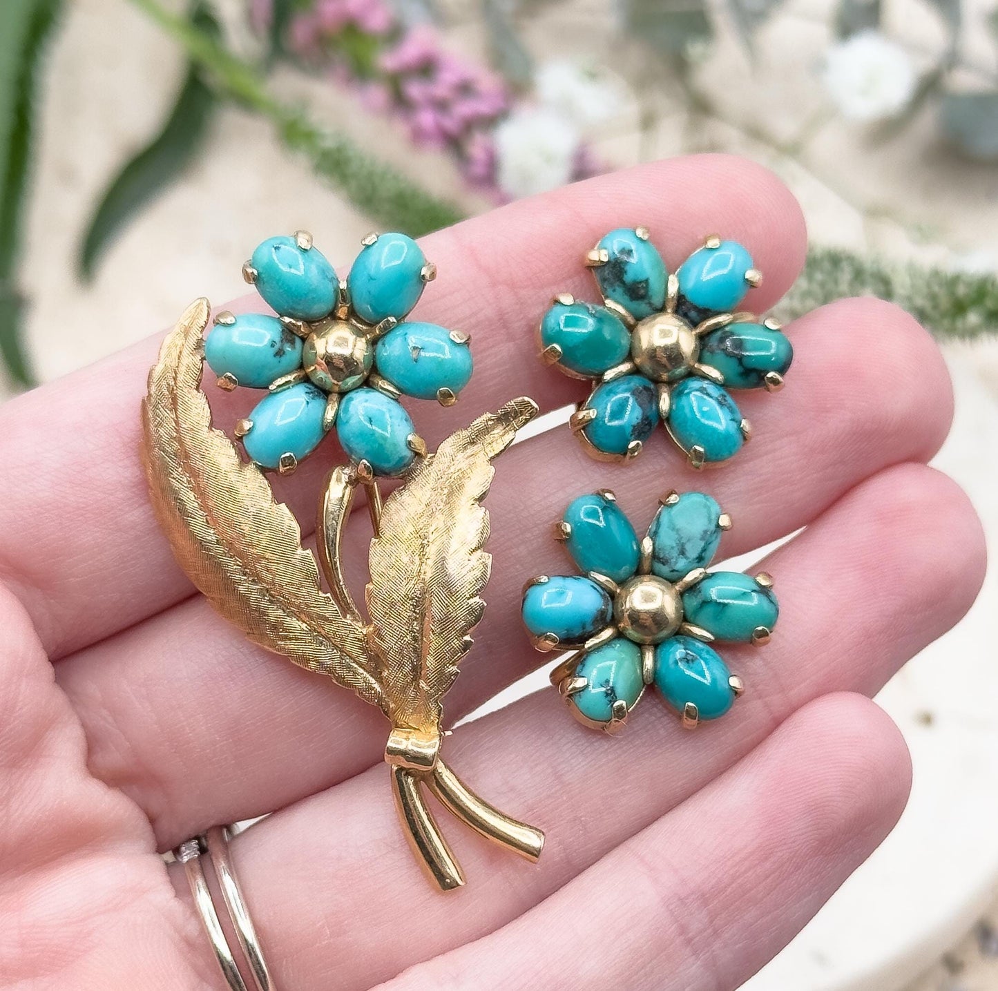 Vintage MidCentury Brooch  & Earring Set with Turquoise in 14K Yellow Gold
