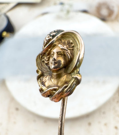Art Nouveau Stick Pin Lady in Hat Edwardian Gibson Girl Pin