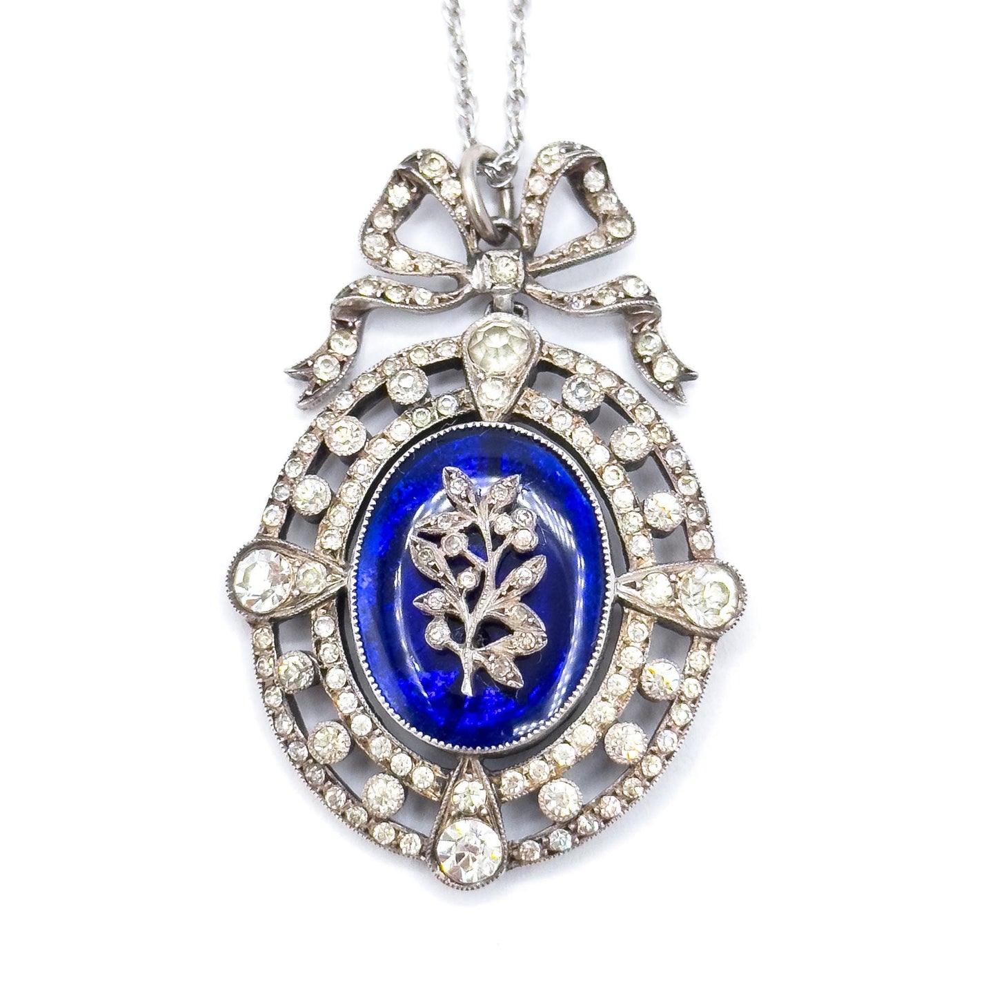 Antique Edwardian Garland Style Bow Necklace with Paste Gems in Silver w Blue Bristol Glass