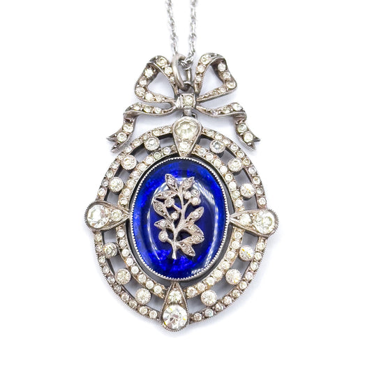 Antique Edwardian Garland Style Bow Necklace with Paste Gems in Silver w Blue Bristol Glass