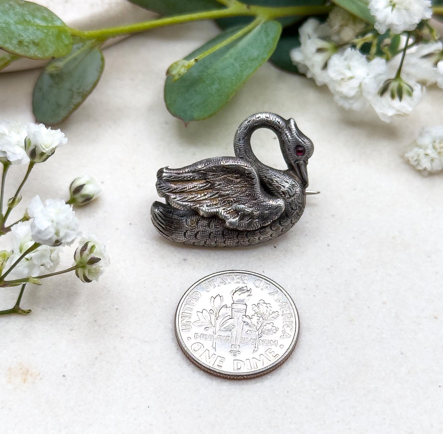 Victorian Swan Brooch in Silver with Red Glass Gem Set Cabochon Eye Bird
