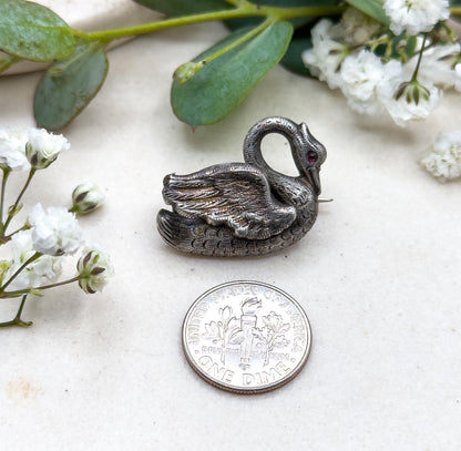 Victorian Swan Brooch in Silver with Red Glass Gem Set Cabochon Eye Bird