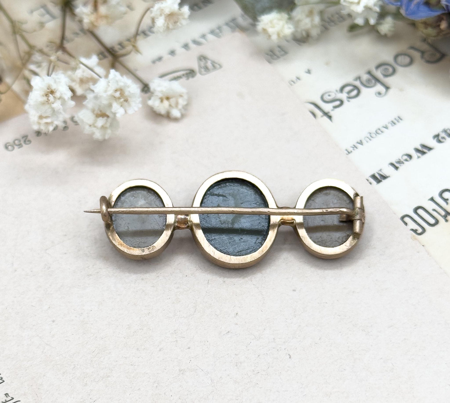 Antique Lava Cameo Brooch with Three Cameos Bezel Set Bar Brooch Grand Tour Souvenir