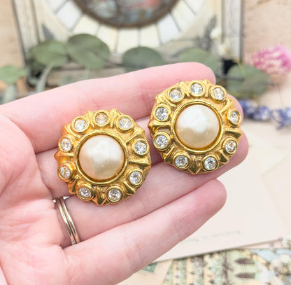 Vintage Chanel Clip On Earrings Faux Mabe pearl Rhinestone 1980s