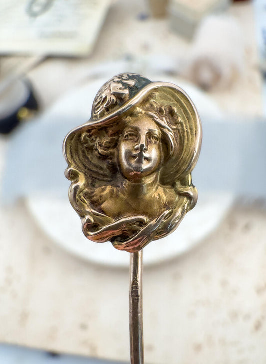 Art Nouveau Stick Pin Lady in Hat Edwardian Gibson Girl Pin