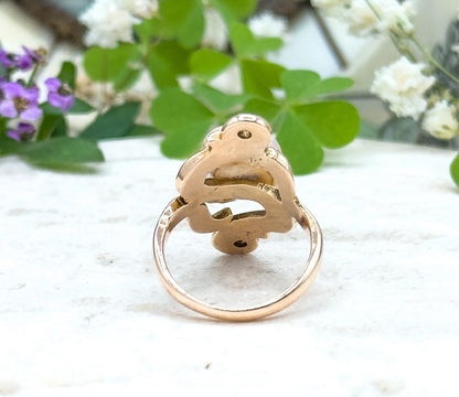 Antique Art Nouveau Baroque Pearl Ring with Old European Cut Diamonds