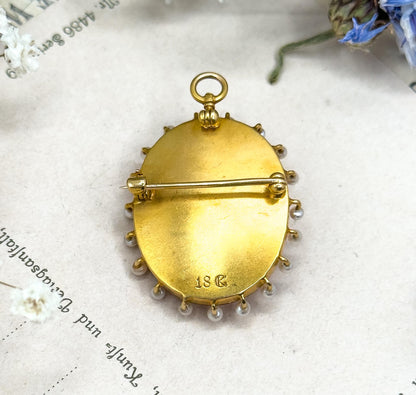 Antique Carved Coral Cameo Pendant Cameo Brooch in 18K Yellow Gold w Seed Pearl halo