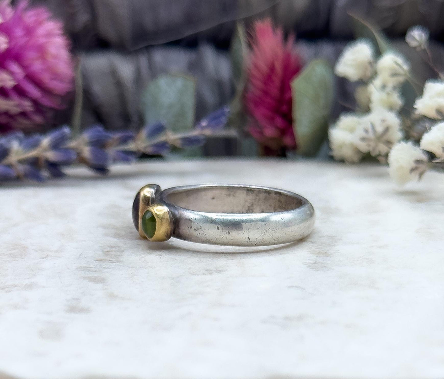 Handmade Three-Stone Peridot Garnet Ring Sterling Silver 22K Gold