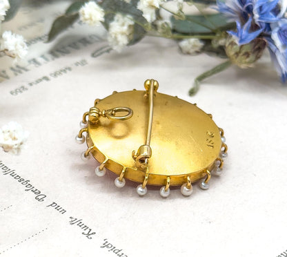 Antique Carved Coral Cameo Pendant Cameo Brooch in 18K Yellow Gold w Seed Pearl halo