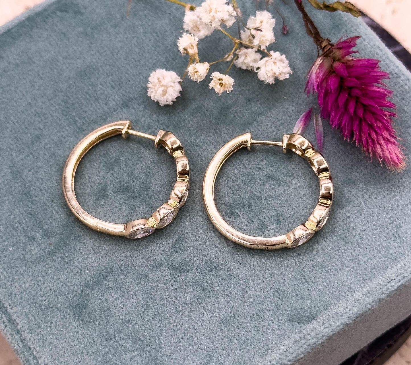 Estate Bezel Set Lab Diamond Hoop earrings in 14K 2.00ctw Oval Diamond Hoops