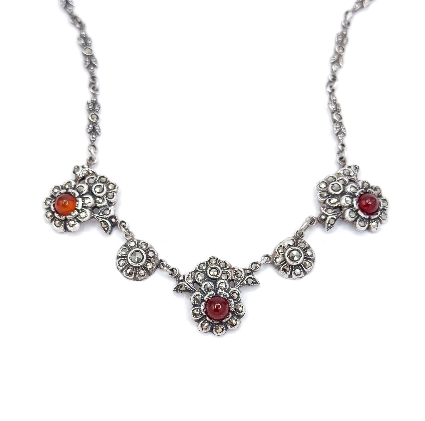 Antique Art Deco Carnelian & Marcasite Sterling Silver Floral Necklace