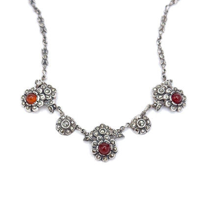 Antique Art Deco Carnelian & Marcasite Sterling Silver Floral Necklace