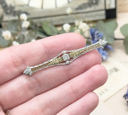 Antique Filigree Bar Pin in 10K Two Tone Yellow Gold  White Gold Floral Leaf design