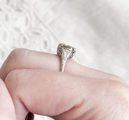 Art Deco Platinum Diamond Ring Filigree Hexagon Setting 1920s Engagement Ring Half Carat Round Brilliant Size 6.75 Vintage Bridal