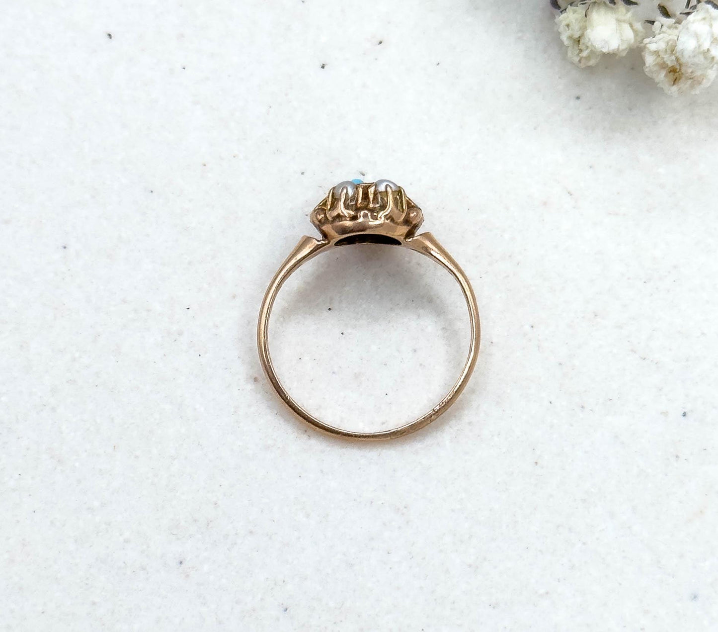 Antique Victorian Turquoise & Seed Pearl Ring in 9K Gold Split Seed Pearl 1800s