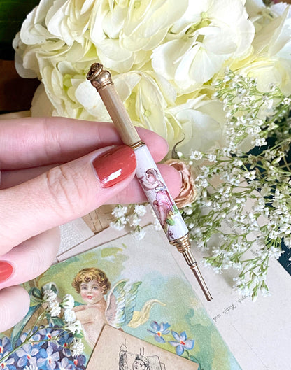 Antique Telescopic Pencil with Enamel Painted Figure in Grape Vines Propelling Pencil
