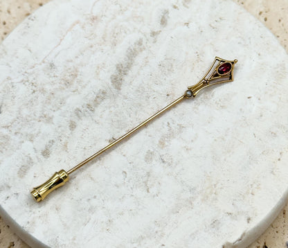 Lovely Antique Edwardian Stick Pin with Garnet Art Nouveau Stick pin in 10K Yellow Gold
