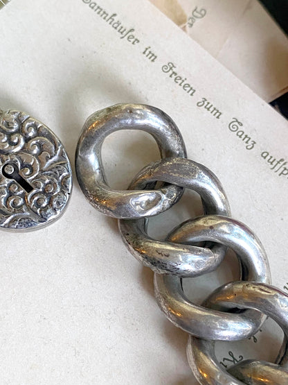 Victorian Repousse Puffy Link Chain Bracelet in Silver w Padlock heart