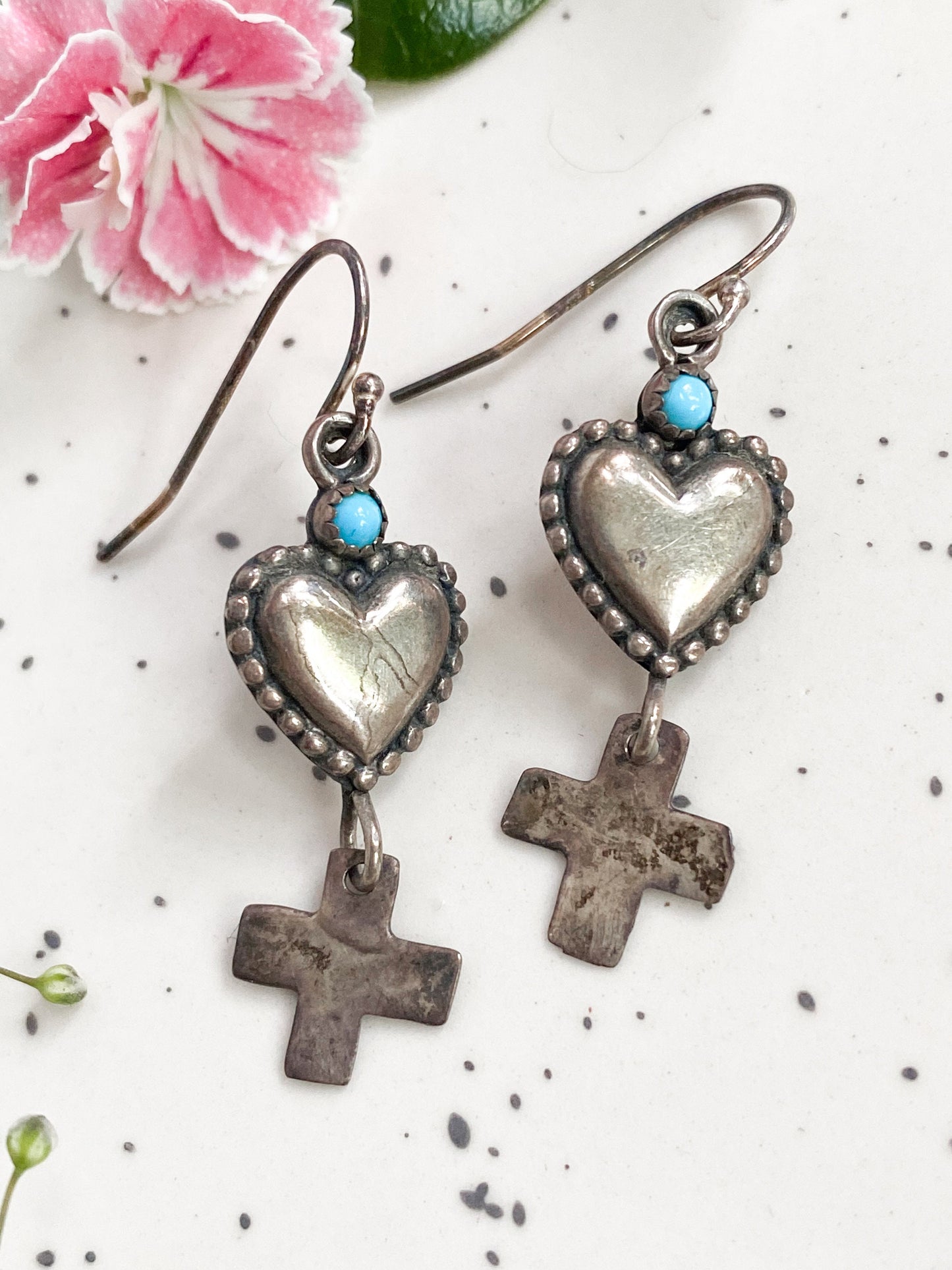 Vintage Silver heart & cross dangle earrings with Turquoise