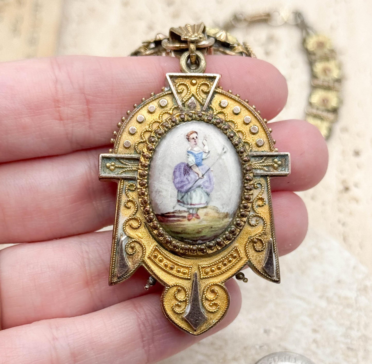 Antique Enamel Locket on Floral Book Chain Necklace - As Is