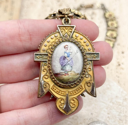 Antique Enamel Locket on Floral Book Chain Necklace - As Is