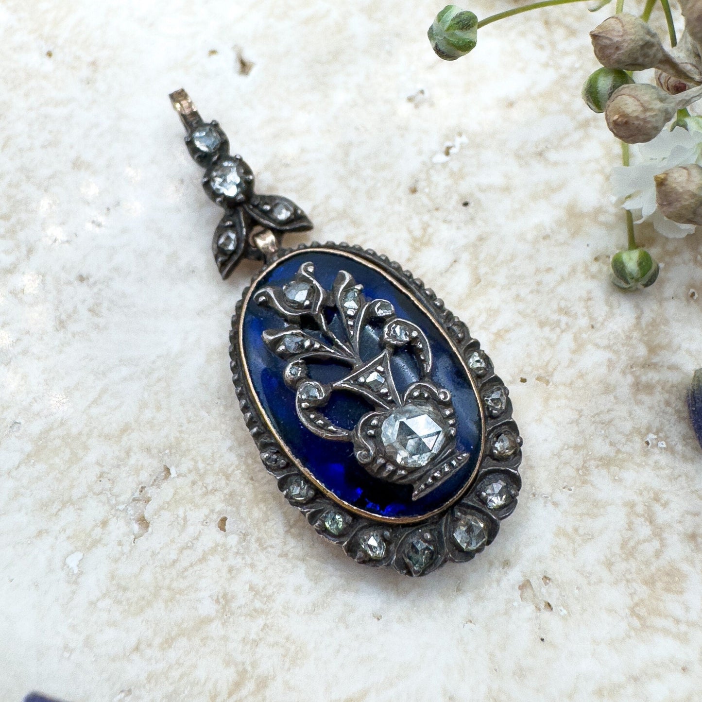 Georgian Giardinetti pendant with rose cut diamonds Blue enamel Bristol Glass