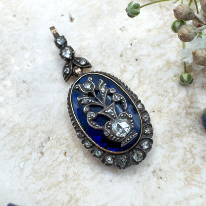 Georgian Giardinetti pendant with rose cut diamonds Blue enamel Bristol Glass