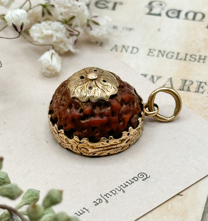 Antique Rudraksha and Carnelian Locket, Georgian Locket Victorian Locket 15K Prayer Seed Pendant Circa 1830s 1850s