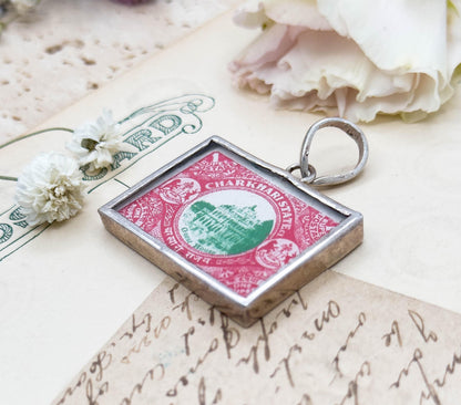 Vintage India Charkhari State Postage Stamp In Silver Frame Pendant Antique Stamp