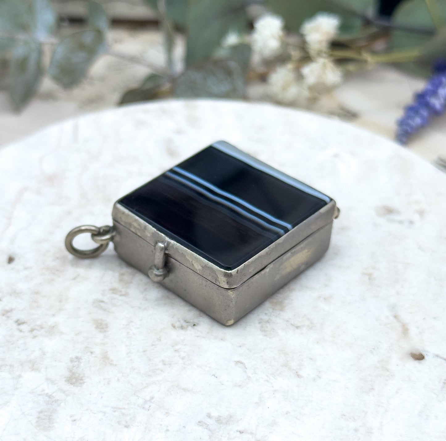 Victorian Banded Agate Box Pendant: Antique Snuff Trinket Box, 1800s