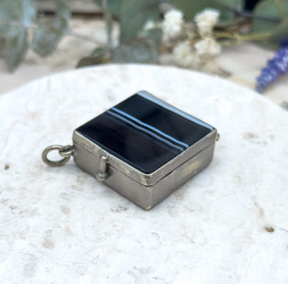 Victorian Banded Agate Box Pendant: Antique Snuff Trinket Box, 1800s