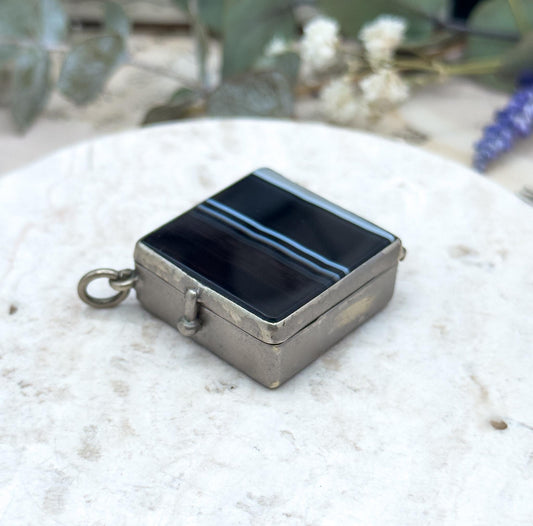 Victorian Banded Agate Box Pendant: Antique Snuff Trinket Box, 1800s