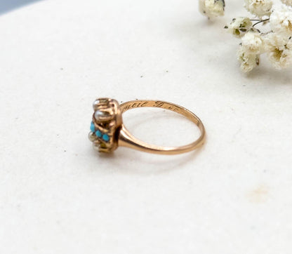 Antique Victorian Turquoise & Seed Pearl Ring in 9K Gold Split Seed Pearl 1800s