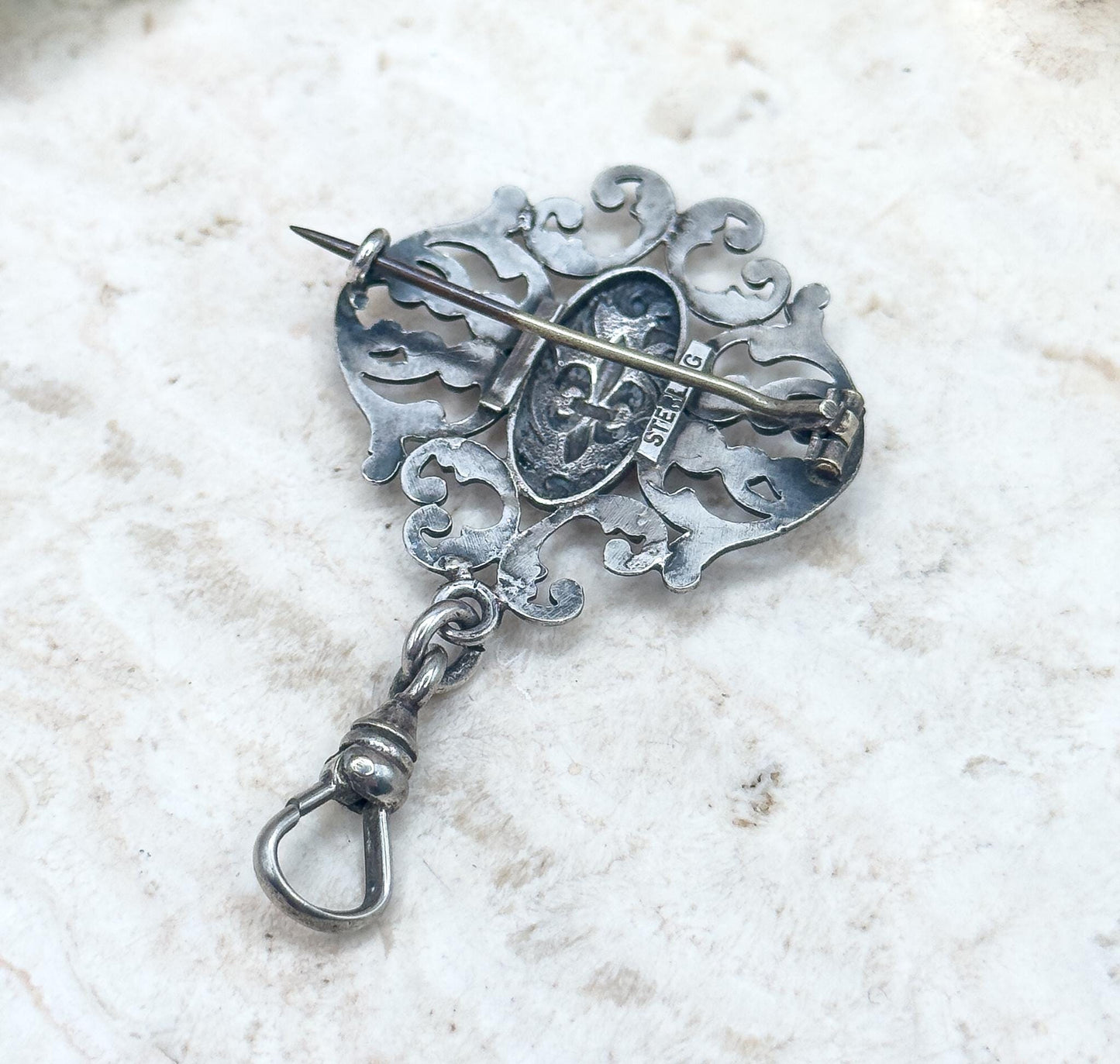 Victorian Watch Pin with Swivel Clasp in Blue Enamel Brooch