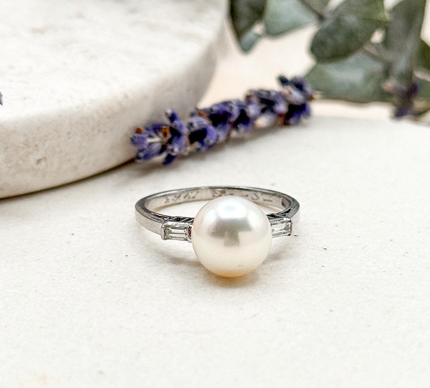 Vintage Pearl Ring with Baguette Diamonds in Platinum