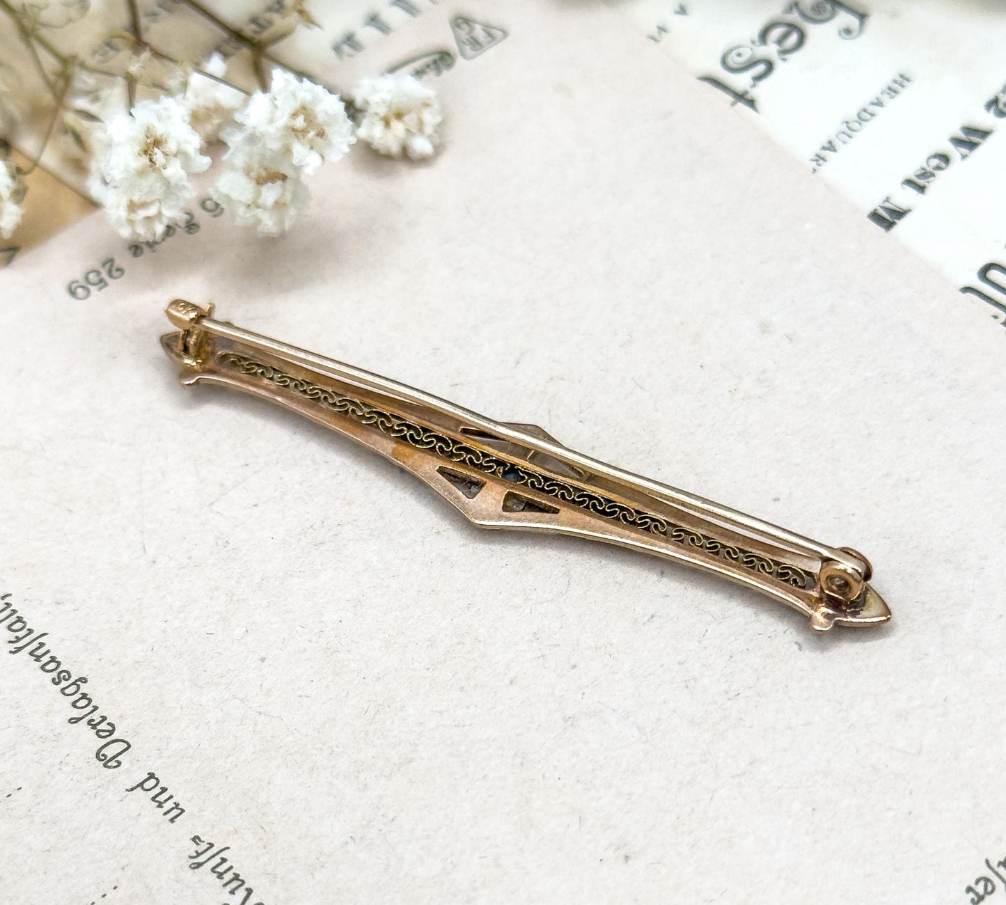 Antique Filigree Bar Pin in 10K Two Tone Yellow Gold  White Gold Floral Leaf design