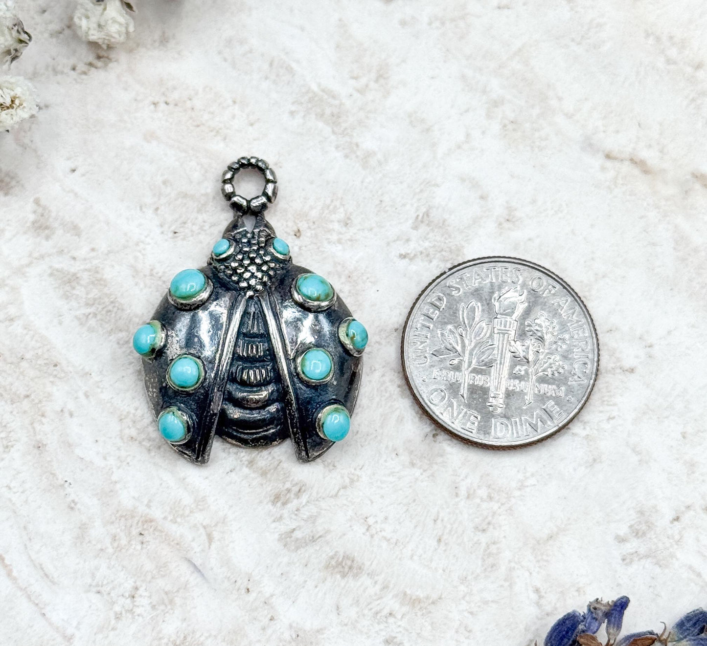 Vintage Sterling Silver Ladybug Pendant with Turquoise Cabochons