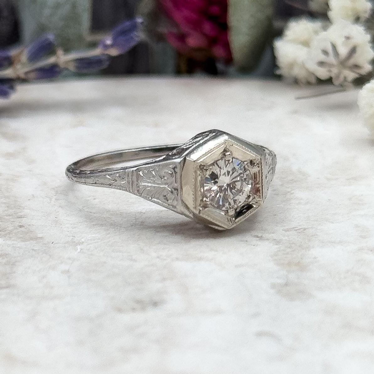 Art Deco Platinum Diamond Ring Filigree Hexagon Setting 1920s Engagement Ring Half Carat Round Brilliant Size 6.75 Vintage Bridal