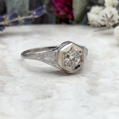 Art Deco Platinum Diamond Ring Filigree Hexagon Setting 1920s Engagement Ring Half Carat Round Brilliant Size 6.75 Vintage Bridal