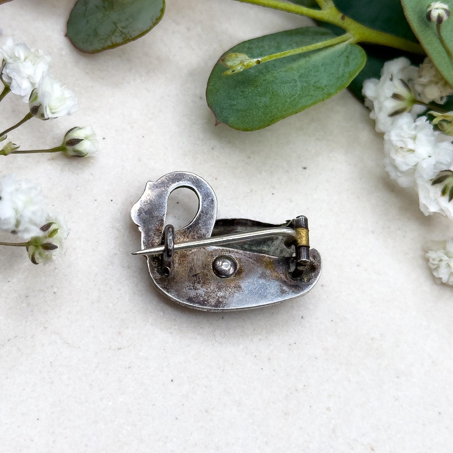 Victorian Swan Brooch in Silver with Red Glass Gem Set Cabochon Eye Bird