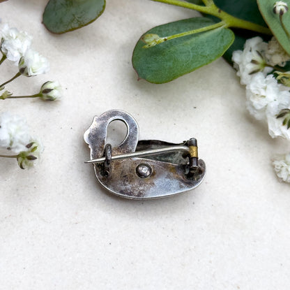 Victorian Swan Brooch in Silver with Red Glass Gem Set Cabochon Eye Bird