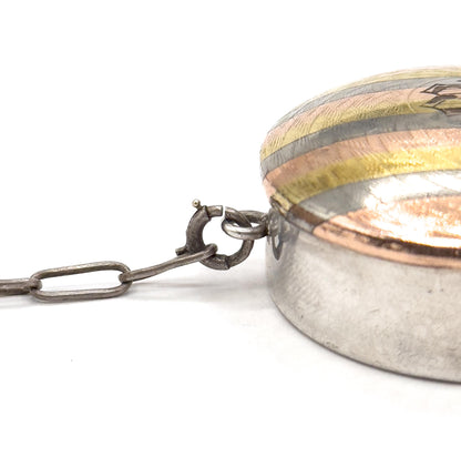 Antique Monogram M Chatelaine Compact Trinket Box in Sterling Silver Tri-tone gold