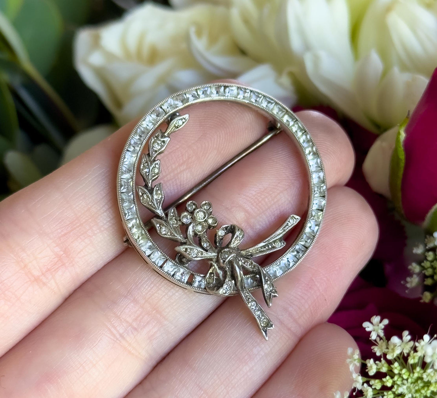 Antique Art Deco Floral Circle Brooch with Bow in Sterling Silver Antique Paste Wreath Brooch