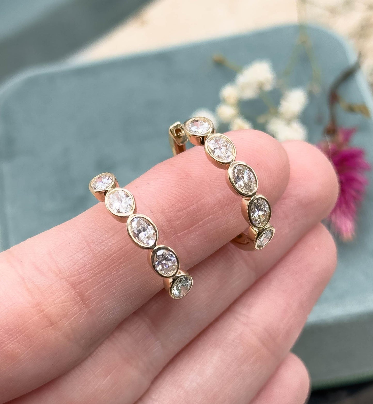 Estate Bezel Set Lab Diamond Hoop earrings in 14K 2.00ctw Oval Diamond Hoops