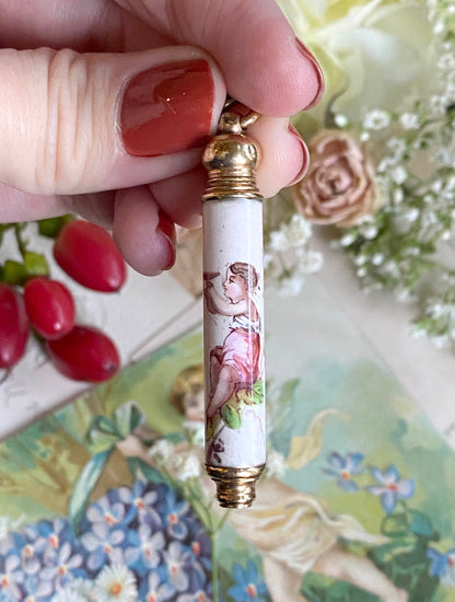 Antique Telescopic Pencil with Enamel Painted Figure in Grape Vines Propelling Pencil