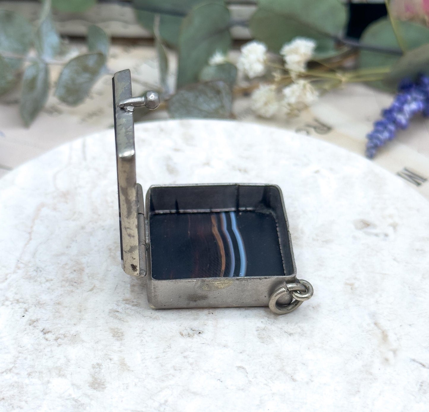 Victorian Banded Agate Box Pendant: Antique Snuff Trinket Box, 1800s